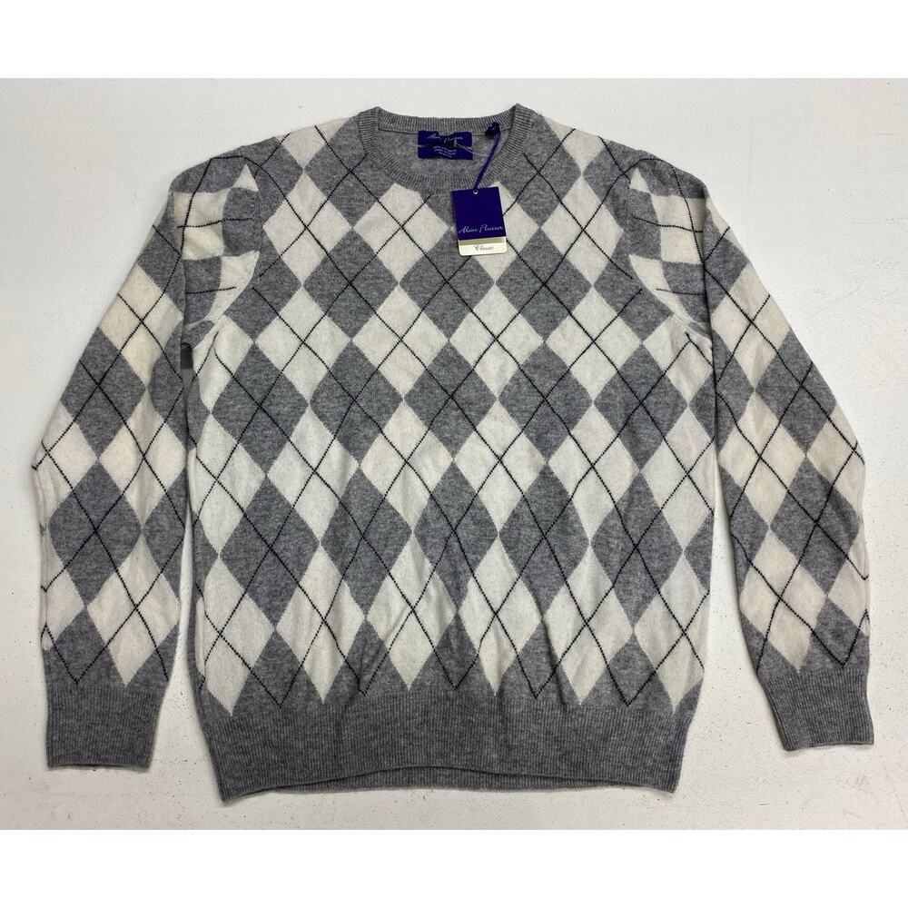 NEW Men Alan Flusser Classic 100% cashmere argyle crewneck pullover sweater M